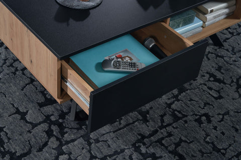 Rootz Coffee Table - Rectangular Living Room Table - Coffee Table with Storage and Drawers - Modern Table with Metal Legs - Oak Decor - Black MDF - 110x60x38 cm