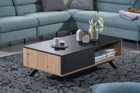 Rootz Coffee Table - Rectangular Living Room Table - Coffee Table with Storage and Drawers - Modern Table with Metal Legs - Oak Decor - Black MDF - 110x60x38 cm