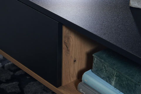 Rootz Coffee Table - Rectangular Living Room Table - Coffee Table with Storage and Drawers - Modern Table with Metal Legs - Oak Decor - Black MDF - 110x60x38 cm