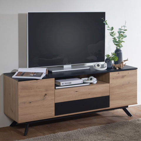Rootz Modern TV Stand with Storage - Lowboard - TV Cabinet - Living Room TV Dresser - Oak Decor - MDF - Black - 150x60x40