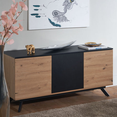 Rootz Sideboard - 3-Door Chest of Drawers - Modern Hall Cabinet - Floor Standing Cabinet with Metal Legs - Oak Decor - Black MDF - 135x64x40 cm