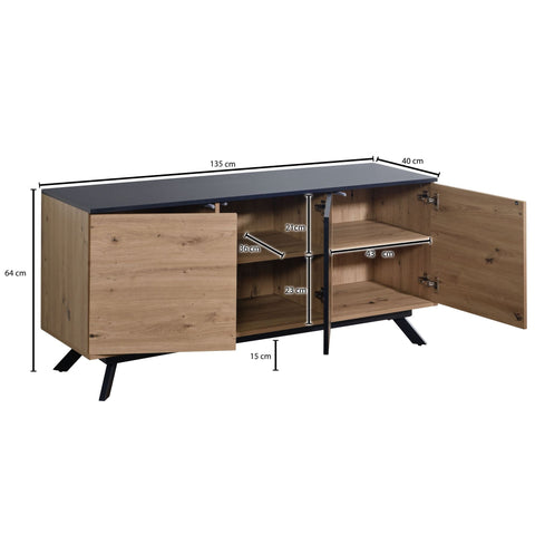 Rootz Sideboard - 3-Door Chest of Drawers - Modern Hall Cabinet - Floor Standing Cabinet with Metal Legs - Oak Decor - Black MDF - 135x64x40 cm