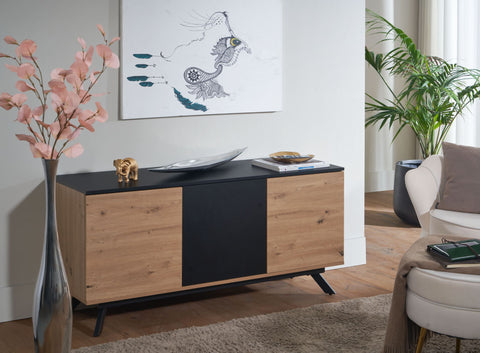 Rootz Sideboard - 3-Door Chest of Drawers - Modern Hall Cabinet - Floor Standing Cabinet with Metal Legs - Oak Decor - Black MDF - 135x64x40 cm