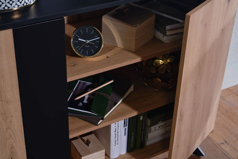 Rootz Sideboard - Oak Decor - Black MDF - 2-Door Chest of Drawers - Modern Hall Cabinet - Floor Standing Cabinet with Metal Legs - 110x87x40 cm