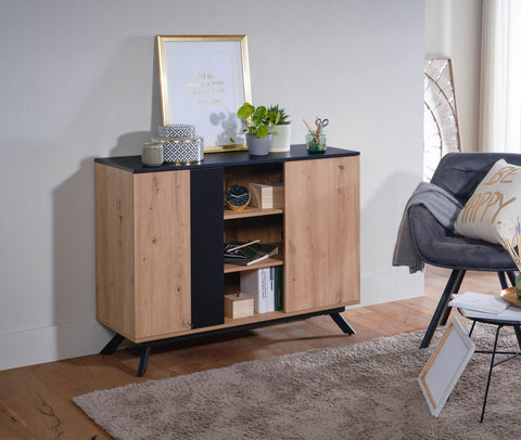 Rootz Sideboard - Oak Decor - Black MDF - 2-Door Chest of Drawers - Modern Hall Cabinet - Floor Standing Cabinet with Metal Legs - 110x87x40 cm