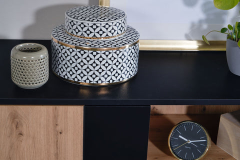 Rootz Sideboard - Oak Decor - Black MDF - 2-Door Chest of Drawers - Modern Hall Cabinet - Floor Standing Cabinet with Metal Legs - 110x87x40 cm