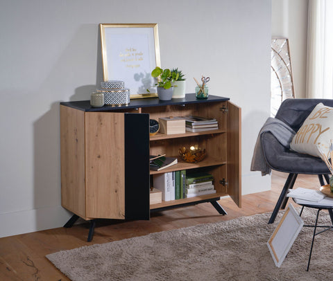 Rootz Sideboard - Oak Decor - Black MDF - 2-Door Chest of Drawers - Modern Hall Cabinet - Floor Standing Cabinet with Metal Legs - 110x87x40 cm