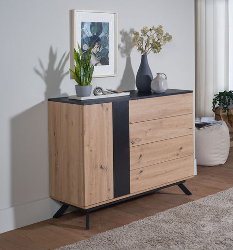 Rootz Sideboard - Oak Decor - Black MDF - 4-Drawer Chest of Drawers - Modern Hall Cabinet with Door - Floor Standing Cabinet with Metal Legs - 110x87x40 cm
