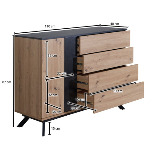 Rootz Sideboard - Oak Decor - Black MDF - 4-Drawer Chest of Drawers - Modern Hall Cabinet with Door - Floor Standing Cabinet with Metal Legs - 110x87x40 cm