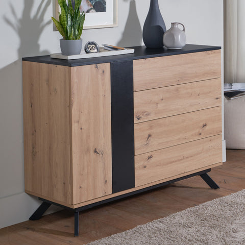 Rootz Sideboard - Oak Decor - Black MDF - 4-Drawer Chest of Drawers - Modern Hall Cabinet with Door - Floor Standing Cabinet with Metal Legs - 110x87x40 cm