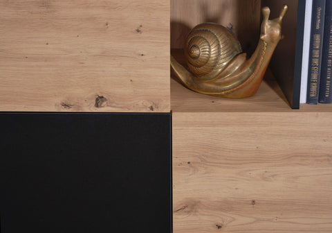 Rootz Highboard Chest of Drawers - Oak Decor with Black MDF - Modern Freestanding Sideboard with 3 Doors and Shelf - Metal Legs - 110x129x40 cm