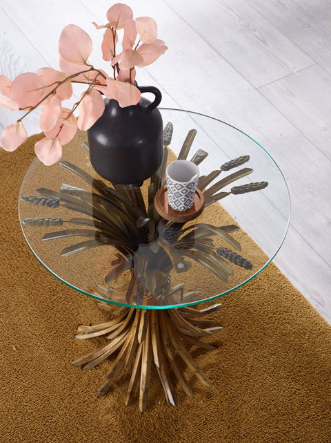 Rootz Side Table - Round Small Coffee Table - Modern Living Room Accent - Gold Glass and Metal - 50x50x50 cm