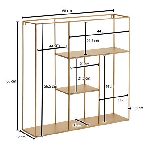 Rootz Hanging Shelf - Modern Floating Design - Small Metal Floating Shelf for Living Room - Gold Iron - 68x68x17 cm