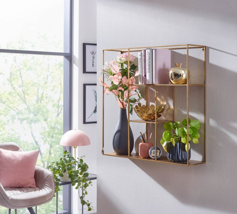 Rootz Hanging Shelf - Modern Floating Design - Small Metal Floating Shelf for Living Room - Gold Iron - 68x68x17 cm