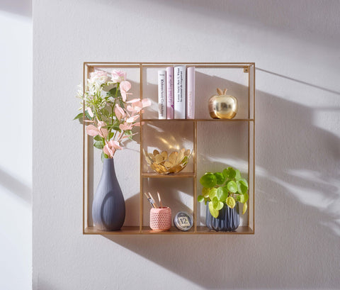 Rootz Hanging Shelf - Modern Floating Design - Small Metal Floating Shelf for Living Room - Gold Iron - 68x68x17 cm