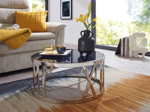 Rootz Couchtisch – Glas und Metall – modernes Design – kleiner runder Wohnzimmertisch – Silber – 60 x 60 x 30 cm 