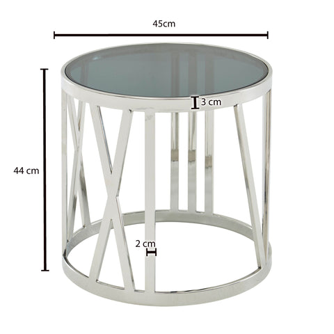 Rootz Side Table - Glass Top - Round Small Coffee Table - Modern Living Room Accent - Silver Metal - 45x45x44 cm