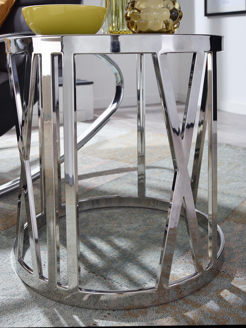 Rootz Side Table - Glass Top - Round Small Coffee Table - Modern Living Room Accent - Silver Metal - 45x45x44 cm