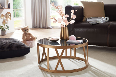 Rootz Couchtisch – Glas und Metall – modernes Design – kleiner runder Wohnzimmertisch – Gold – 60 x 60 x 30 cm 