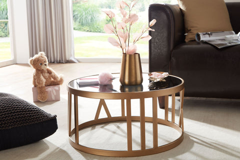 Rootz Couchtisch – Glas und Metall – modernes Design – kleiner runder Wohnzimmertisch – Gold – 60 x 60 x 30 cm 