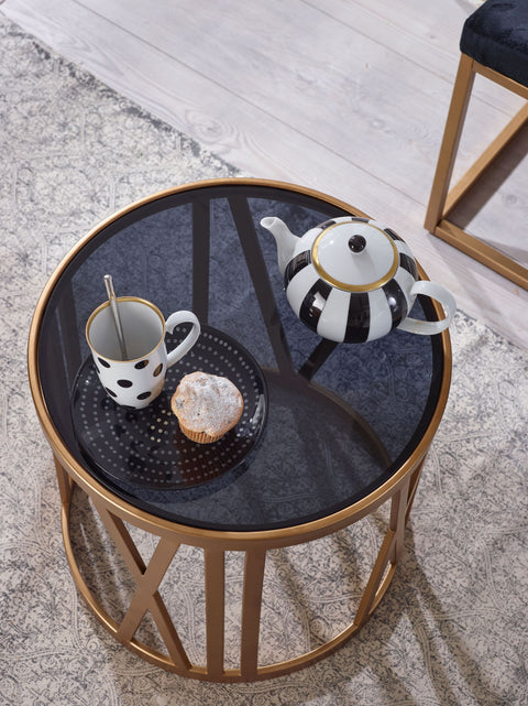 Rootz Beistelltisch – Glasplatte – runder kleiner Couchtisch – moderner Wohnzimmer-Akzent – ​​goldenes Metall – 45 x 45 x 44 cm 