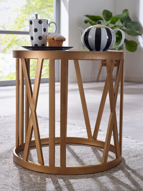Rootz Beistelltisch – Glasplatte – runder kleiner Couchtisch – moderner Wohnzimmer-Akzent – ​​goldenes Metall – 45 x 45 x 44 cm 