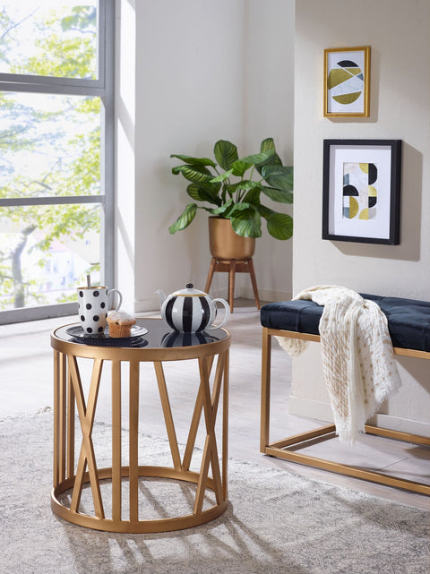 Rootz Beistelltisch – Glasplatte – runder kleiner Couchtisch – moderner Wohnzimmer-Akzent – ​​goldenes Metall – 45 x 45 x 44 cm 