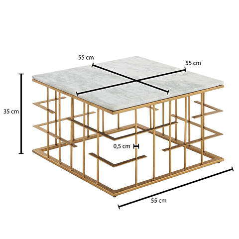 Rootz Coffee Table - Gold Metal - Modern Design - Small Square Living Room Table - White Marble - 55x55x35 cm