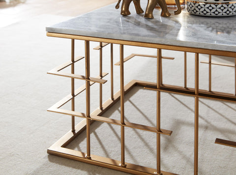 Rootz Coffee Table - Gold Metal - Modern Design - Small Square Living Room Table - White Marble - 55x55x35 cm