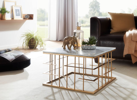 Rootz Coffee Table - Gold Metal - Modern Design - Small Square Living Room Table - White Marble - 55x55x35 cm