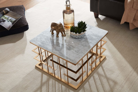 Rootz Coffee Table - Gold Metal - Modern Design - Small Square Living Room Table - White Marble - 55x55x35 cm