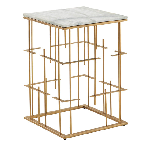 Rootz Side Table - Gold Metal - Small Square Coffee Table - Modern Living Room Accent - White Marble - 40x40x61 cm