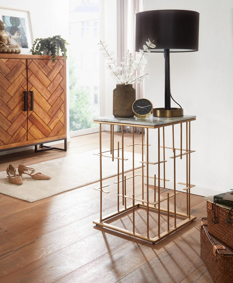 Rootz Side Table - Gold Metal - Small Square Coffee Table - Modern Living Room Accent - White Marble - 40x40x61 cm