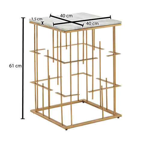Rootz Side Table - Gold Metal - Small Square Coffee Table - Modern Living Room Accent - White Marble - 40x40x61 cm