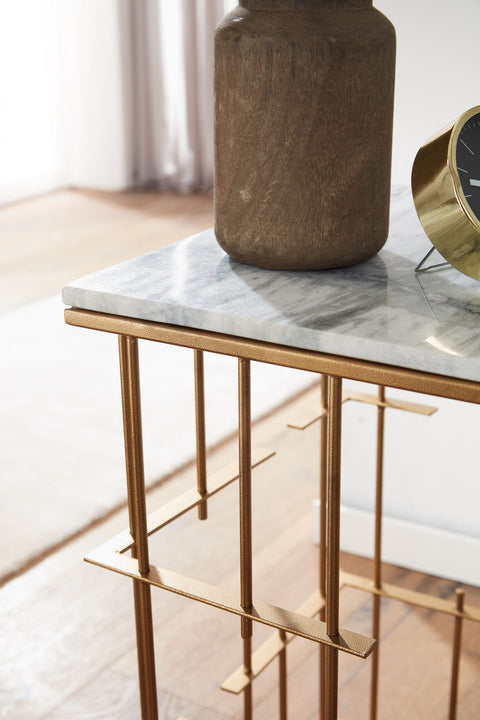 Rootz Side Table - Gold Metal - Small Square Coffee Table - Modern Living Room Accent - White Marble - 40x40x61 cm