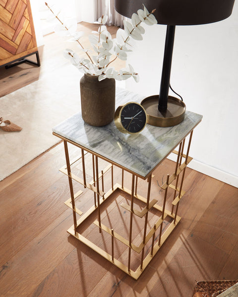 Rootz Side Table - Gold Metal - Small Square Coffee Table - Modern Living Room Accent - White Marble - 40x40x61 cm
