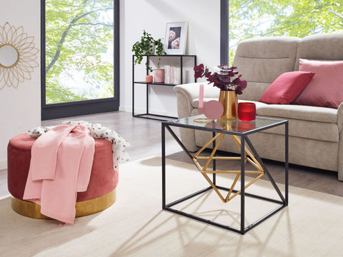 Rootz Black and Gold Coffee Table - Glass & Metal - Modern Design - Small Square Cube Table - 46x46x46 cm