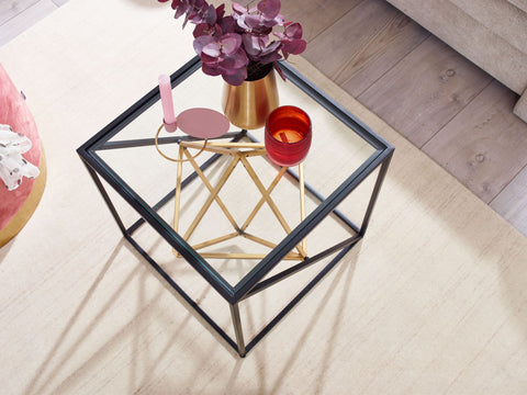 Rootz Black and Gold Coffee Table - Glass & Metal - Modern Design - Small Square Cube Table - 46x46x46 cm