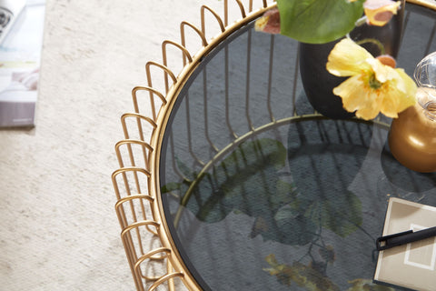 Rootz Gold Coffee Table - Modern Design - Small Round Living Room Table - Glass & Metal - 60x60x40 cm