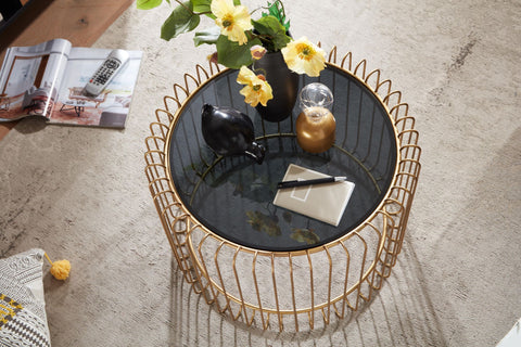 Rootz Gold Coffee Table - Modern Design - Small Round Living Room Table - Glass & Metal - 60x60x40 cm