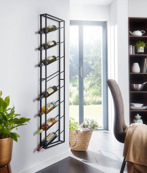 Rootz Bottle Rack -  Large Wall-Mounted - Holds 8 Bottles - Design Kitchen Shelf - Black Metal - 36x150x8 cm