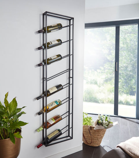 Rootz Bottle Rack -  Large Wall-Mounted - Holds 8 Bottles - Design Kitchen Shelf - Black Metal - 36x150x8 cm