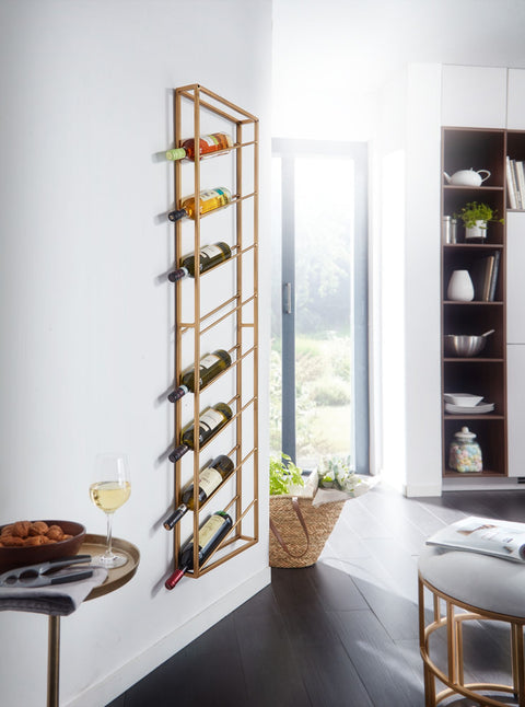 Rootz Gold Metal Wall Rack - Large for 8 Bottles - Design Kitchen Wall Shelf - 36x150x8 cm