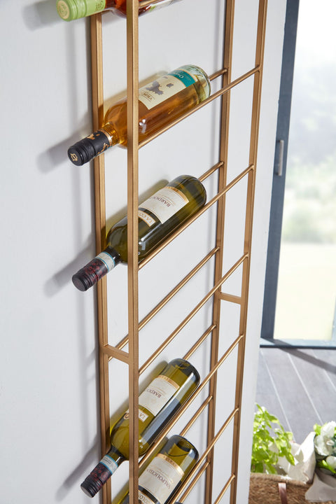 Rootz Gold Metal Wall Rack - Large for 8 Bottles - Design Kitchen Wall Shelf - 36x150x8 cm