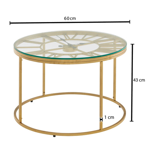 Rootz Gold Coffee Table with Decorative Clock - Glass & Metal - Modern Design - Small Round Table - 60x60x43 cm