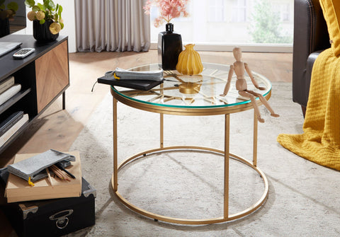 Rootz Gold Coffee Table with Decorative Clock - Glass & Metal - Modern Design - Small Round Table - 60x60x43 cm