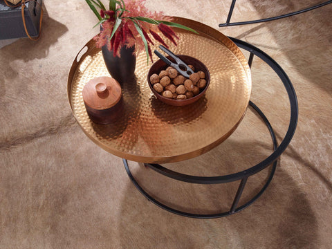 Rootz Coffee Table - Hammered Metal - Gold & Black Aluminum - Removable Round Tray - Modern Design - 62x62x36 cm