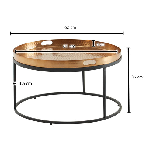 Rootz Coffee Table - Hammered Metal - Gold & Black Aluminum - Removable Round Tray - Modern Design - 62x62x36 cm