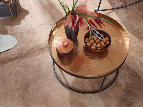 Rootz Coffee Table - Hammered Metal - Gold & Black Aluminum - Removable Round Tray - Modern Design - 62x62x36 cm