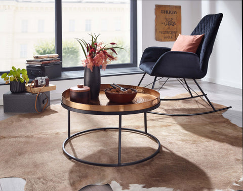 Rootz Coffee Table - Hammered Metal - Gold & Black Aluminum - Removable Round Tray - Modern Design - 62x62x36 cm